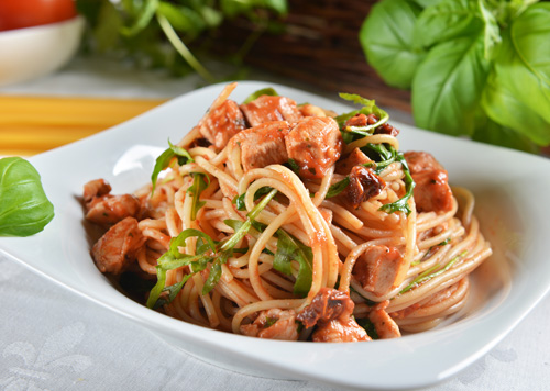 Spaghetti with Chicken Fra Diavolo and Mushroom Trifolati Photo
