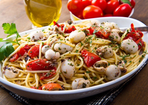 Spaghetti with Cuttlefish and Cherry Tomatoes Photo